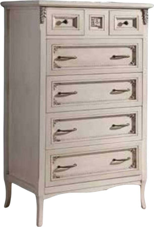 MOBILI-2G---CASSETTIERA-SHABBY-IN-LEGNO-BIANCO-INVECCHIATO-E-PROFILI-ARGENTO-79X50X144