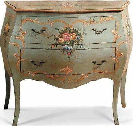 MOBILI-2G---COMO'-BOMBATO-2-CASSETTI-LACCATO-VERDE-INVECCHIATO-CON-DECORI-MISURE-L.94-P.42-H.80