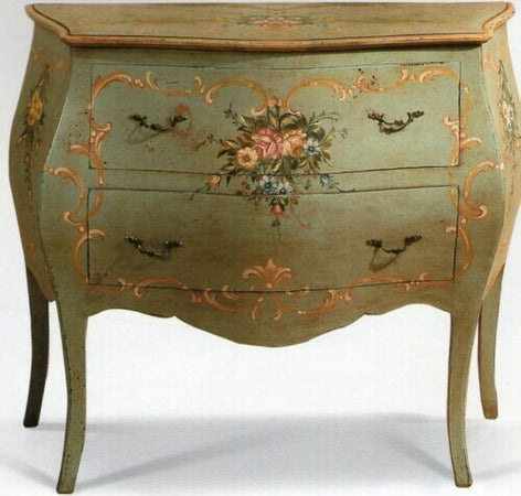 MOBILI-2G---COMO'-BOMBATO-2-CASSETTI-LACCATO-VERDE-INVECCHIATO-CON-DECORI-MISURE-L.94-P.42-H.80