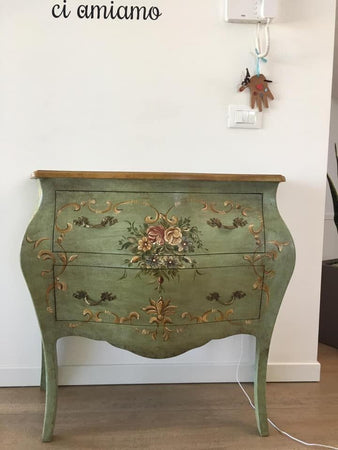 MOBILI-2G---COMO'-BOMBATO-2-CASSETTI-LACCATO-VERDE-INVECCHIATO-CON-DECORI-MISURE-L.94-P.42-H.80