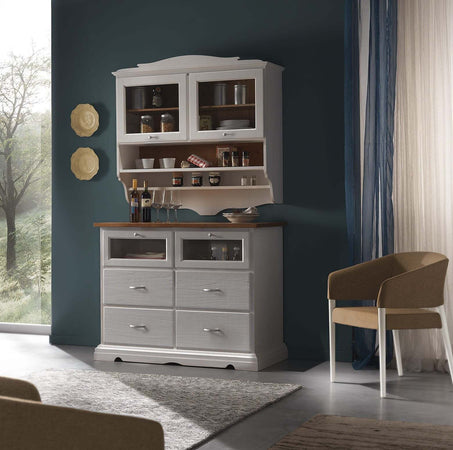 MOBILI-2G---CRISTALLIERA-SHABBY-IN-LEGNO-MASSELLO-2-ANTE-2-CASSETTI-GRIGIO/NATURALE-L.120-P.58-H.197