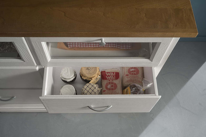 MOBILI-2G---CRISTALLIERA-SHABBY-IN-LEGNO-MASSELLO-2-ANTE-2-CASSETTI-GRIGIO/NATURALE-L.120-P.58-H.197