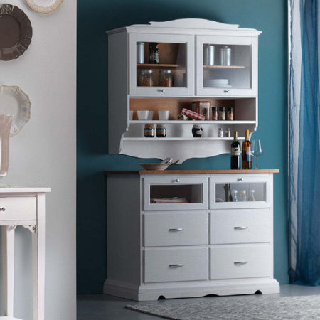 MOBILI-2G---CRISTALLIERA-SHABBY-IN-LEGNO-MASSELLO-2-ANTE-2-CASSETTI-GRIGIO/NATURALE-L.120-P.58-H.197