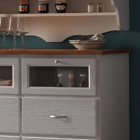 MOBILI-2G---CRISTALLIERA-SHABBY-IN-LEGNO-MASSELLO-2-ANTE-2-CASSETTI-GRIGIO/NATURALE-L.120-P.58-H.197