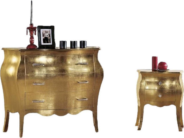 MOBILI-2G---Gruppo-1-cassettiera-2-comodini-bombati-Foglia-oro-Maniglie-Swarovski