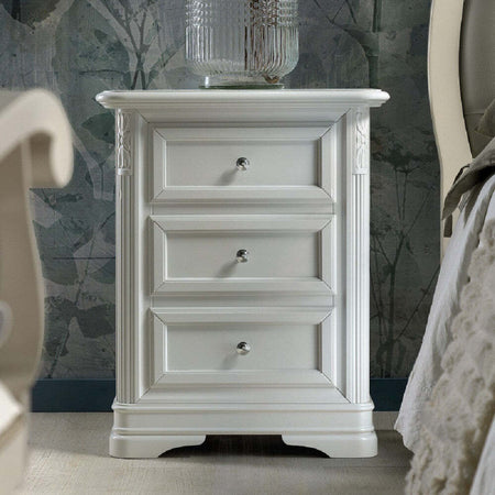 MOBILI-2G---GRUPPO-1-CASSETTIERA-RIBALTA-2-COMODINI-INTARSIATI-IN-LEGNO-MASSELLO-BIANCO