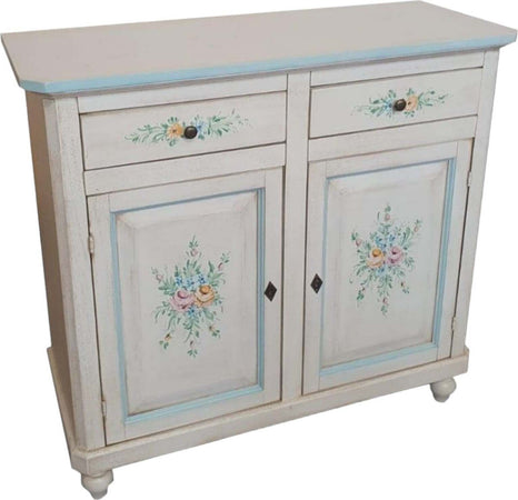 MOBILI-2G---MADIA-CREDENZA-2-PORTE-BIANCO-INVECCHIATO-DECORI-AZZURRO-104x43x98