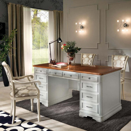 MOBILI-2G---SCRIVANIA-CLASSICA-10-CASSETTI-IN-LEGNO-BIANCO/NOCE-180X85X82