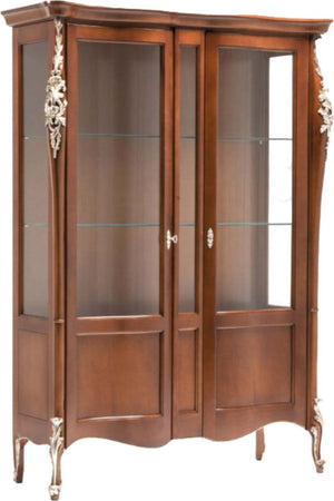 MOBILI-2G---VETRINA-SAGOMATA-CLASSICA-2-PORTE-IN-LEGNO-MASSELLO-TINTA-NOCE-L.145-P.50-H.203