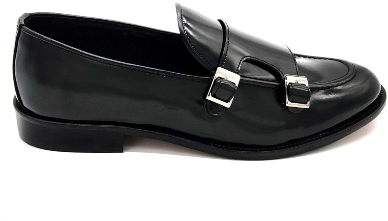 Mocassino da Uomo Doppia fibbia elegante in pelle nera lucida abrasivata Auro York