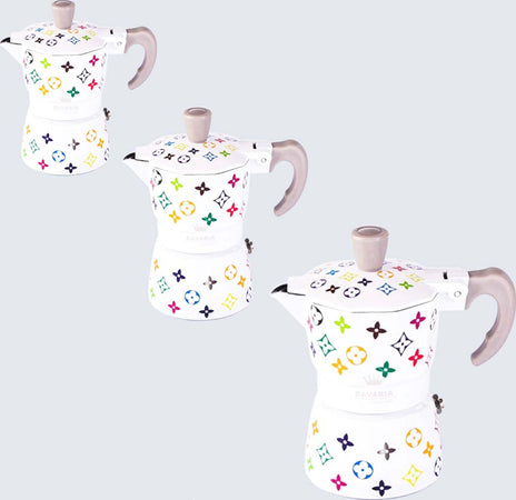 Caffettiera Luis Bavaria Bianca Logo Fashion MultiColore Monogram Logo 3 Tazze 100% Made in Italy Moka Edizione Limitata MOKA CAFFE' L'Orchidea - Siderno, Commerciovirtuoso.it