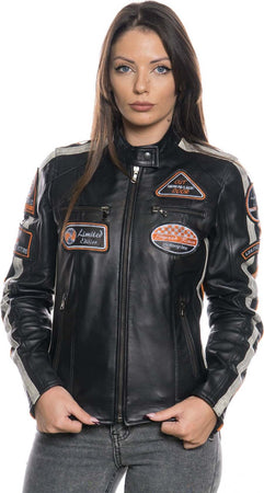 Motociclista-Donna---Biker-Donna-Nero-Tamponato-in-vera-pelle