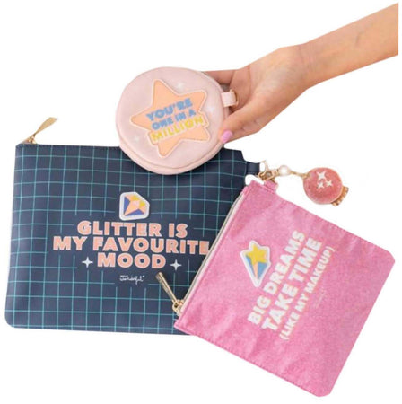 Mr-wonderful Set Di 3 Beauty Case Glitter Is My Favourite Mood Bustine Con Scritte E Zip Rifiniture Glitter