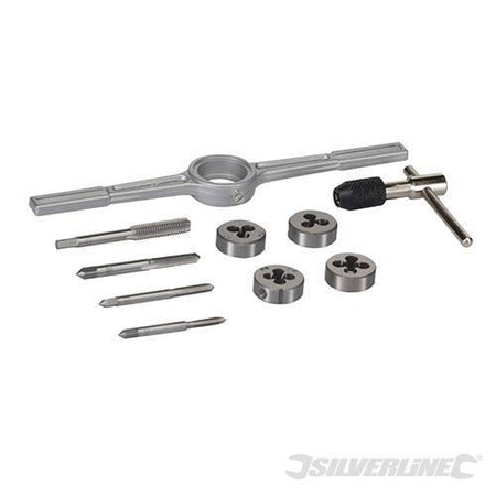 Filiera set metrico 10 pezzi 4,5,6,e 8mm in acciaio con chiave a T Silverline Silverline