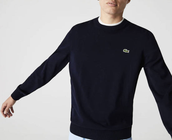 Lacoste Pullover Uomo Blu Girocollo 100% Cotone Organico Maglione Fashion Logo Coccodrillo Collo Rotondo