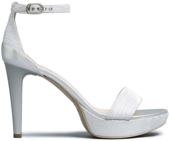 Nerogiardini Sandali Donna In Pelle Laminata E Tacco 10 Cm Sandali Estivi Fashion Inserti In Tessuto Tecnico Glitter Con Fascia E Cinturino Alla Caviglia Con Fibbia