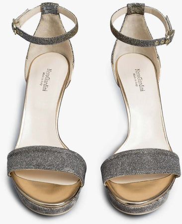 Nerogiardini Sandali Donna In Pelle Laminata E Tacco 10 Cm Sandali Estivi Fashion Inserti In Tessuto Tecnico Glitter Con Fascia E Cinturino Alla Caviglia Con Fibbia