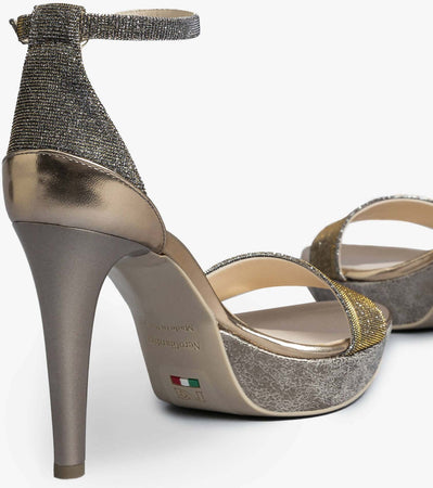 Nerogiardini Sandali Donna In Pelle Laminata E Tacco 10 Cm Sandali Estivi Fashion Inserti In Tessuto Tecnico Glitter Con Fascia E Cinturino Alla Caviglia Con Fibbia