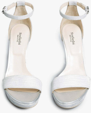 Nerogiardini Sandali Donna In Pelle Laminata E Tacco 10 Cm Sandali Estivi Fashion Inserti In Tessuto Tecnico Glitter Con Fascia E Cinturino Alla Caviglia Con Fibbia