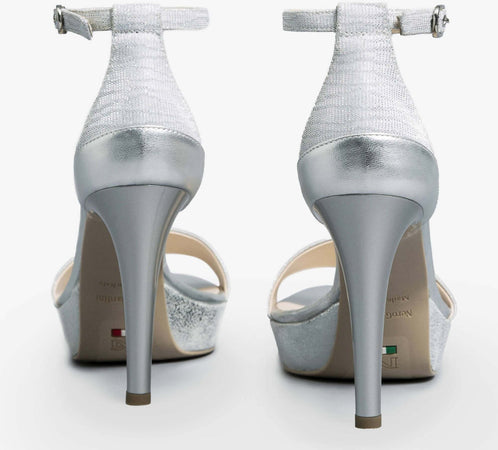 Nerogiardini Sandali Donna In Pelle Laminata E Tacco 10 Cm Sandali Estivi Fashion Inserti In Tessuto Tecnico Glitter Con Fascia E Cinturino Alla Caviglia Con Fibbia
