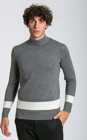 Notting-Hill-Maglione-Uomo-Collo-Alto-Grigio-Con-Riga-Bianca-Fondo-E-Maniche-A-Coste