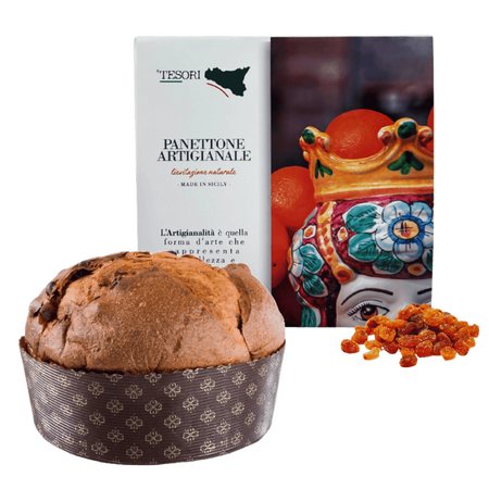 Tesori di sicilia panettone artigianale tradizionale uvetta e canditi 1kg, scatola siciliana "a donna elisabetta" panettone a lievitazione naturale