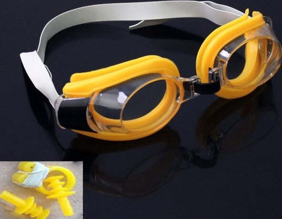 Occhialini-Giallo-Nuoto-Piscina-Mare-Sport-Regolabili-Con-Tappi-Naso-E-Orecchie