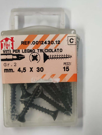 ORECA---15-VITI-PER-LEGNO-TRUCIOLATO-TESTA-PIANA-SVASATA-IMPRONTA-A-CROCE-PZ-4,5X30mm-IN-ACCIAIO-BRUNITO
