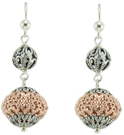 Orecchini amo sfere filigrana sarda in argento traforate brunite e oro rosa