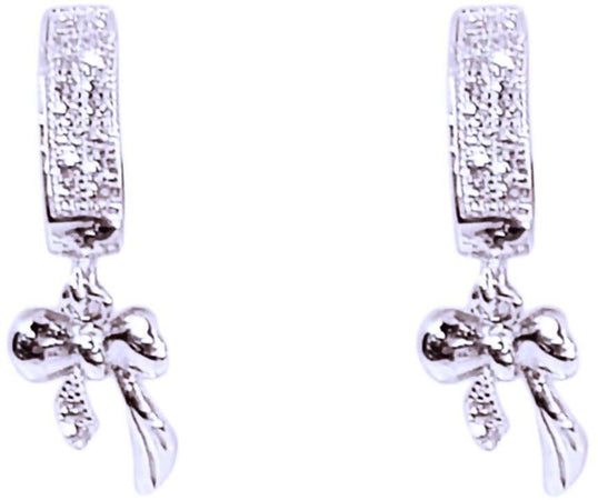 Orecchini in Argento 925 a Cerchio con Pendente Fiocco Brillantini Zirconi Ipoallergico e Rodiato Oro Bianco