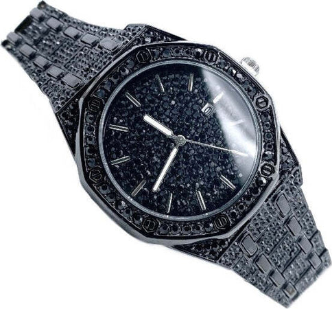 Orologio-Da-Polso-Acciaio-Strass-Analogico-Brillantini-Calendario-Elegante-Nero