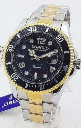Orologio-Da-Polso-Longbo-80430g-Uomo-Quarzo-Data-Impermeabile-Dorato-Silver-Nero