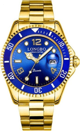 Orologio-Da-Polso-Longbo-80430g-Uomo-Quarzo-Impermeabile-Data-Elegante-Dorato-Blu