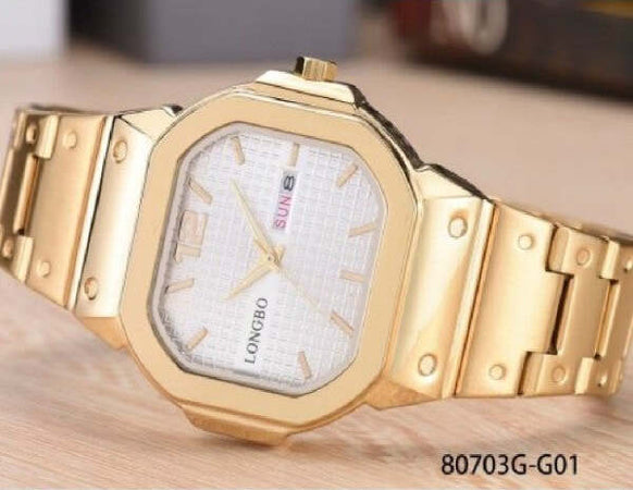 Orologio-Da-Polso-Longbo-80703g-Uomo-Quarzo-Data-Analogico-Acciaio-Dorato-Bianco