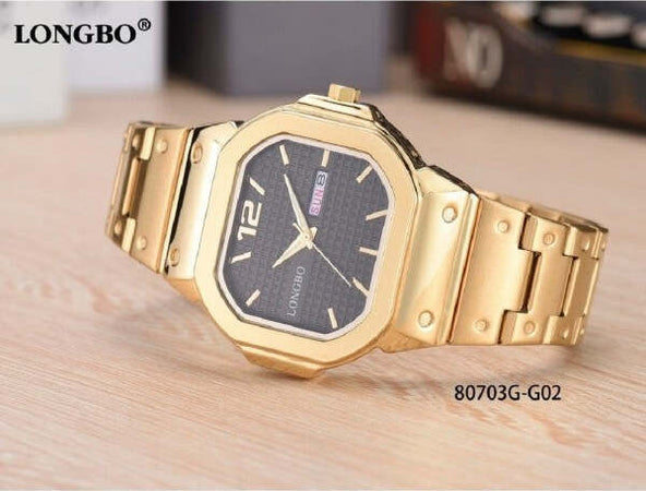 Orologio-Da-Polso-Longbo-80703g-Uomo-Quarzo-Data-Analogico-Acciaio-Dorato-Nero