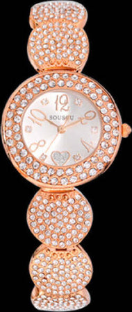 Orologio-Da-Polso-Sousou-S6097-Donna-Cuore-Brillantini-Movimento-Quarzo-Oro-Rosa