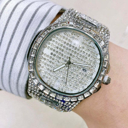 Orologio-Da-Polso-Uomo-Acciaio-Elegante-Brillantini-Calendario-Analogico-Silver