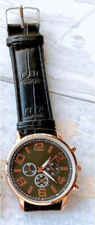 Orologio-Da-Polso-Uomo-Analogico-Cronografo-Cinturino-Pelle-Elegante-Dorato-Nero