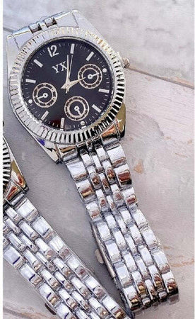 Orologio-Da-Polso-Yx-Uomo-Analogico-Calendario-Elegante-Silver-Quadrante-Nero