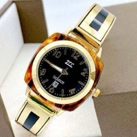 Orologio-Da-Polso-Zcc-18-Donna-Quarzo-Acciaio-Moda-Ambrato-Dorato-Quadrante-Nero