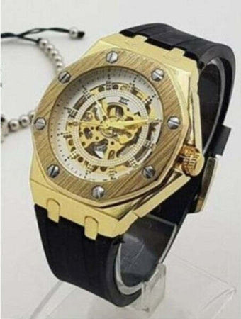 Orologio-Da-Polso-Zcc-4407-Uomo-Automatico-Elegante-Dorato-Bianco-Cinturino-Nero