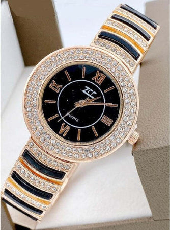 Orologio-Da-Polso-Zcc-Donna-Quarzo-Acciaio-Analogico-Moda-Brillantini-Rosa-Nero
