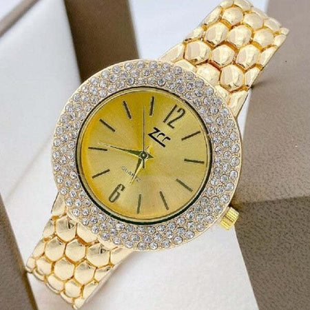 Orologio-Da-Polso-Zcc-Donna-Quarzo-Acciaio-Moda-Brillantini-Analogico-Dorato-Oro