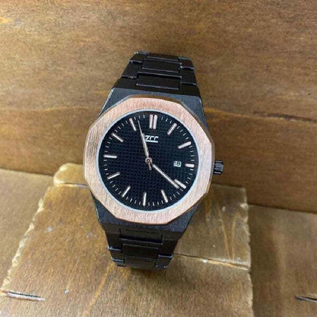 Orologio-Da-Polso-Zcc-Uomo-Al-Quarzo-Data-Elegante-Nero-Rose-Gold-Fondo-Nero