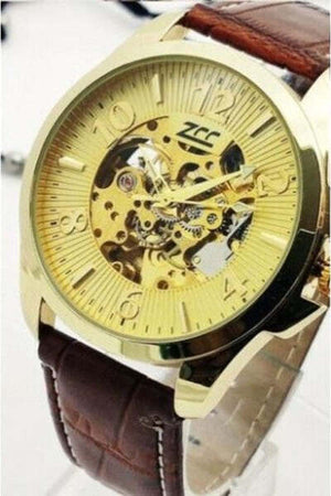 Orologio-Da-Polso-Zcc-Uomo-Automatico-Cinturino-Pelle-Moda-Casual-Marrone-Dorato