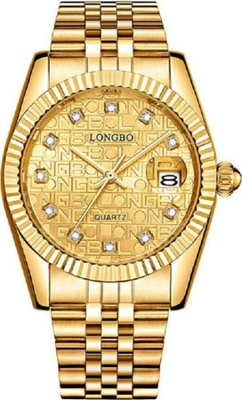 Orologio-Da-Uomo-Donna-Longbo-80435-In-Acciaio-Con-Strass-Impermeabile-Dorato
