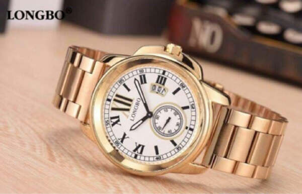 Orologio-Polso-Acciaio-Longbo-Uomo-Dorato-Bianco-Classico-Elegante-Waterproof
