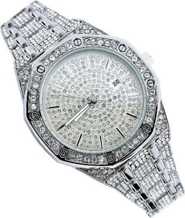 Orologio-Polso-Acciaio-Strass-Analogico-Brillantini-Calendario-Elegante-Silver
