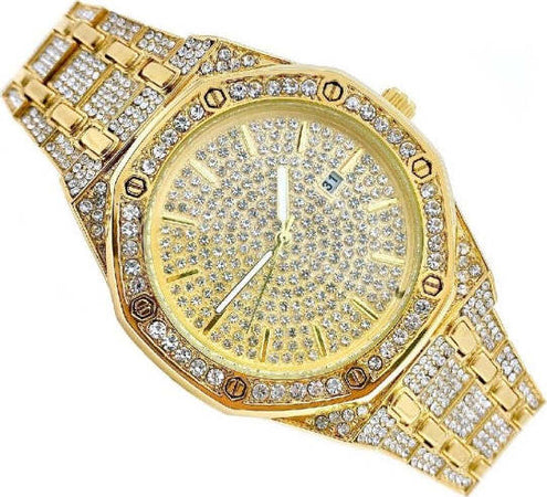 Orologio-Polso-Acciaio-Strass-Brillantini-Analogico-Calendario-Elegante-Dorato