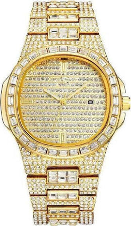Orologio-Polso-Donna-Acciaio-Moda-Brillantini-Strass-Calendario-Analogico-Dorato